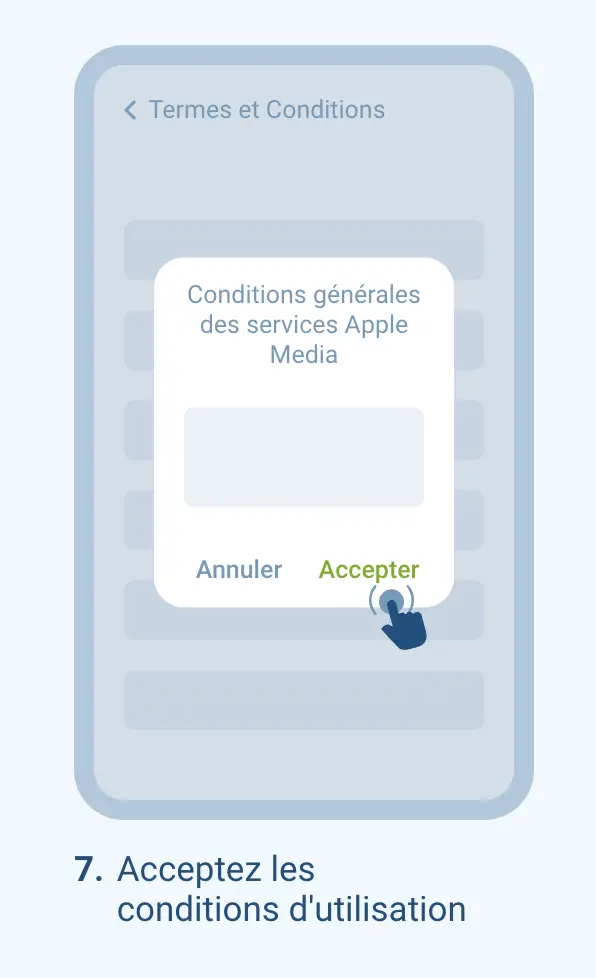 Écran d'acceptation des conditions générales d'Apple Media Services sur un appareil iOS.