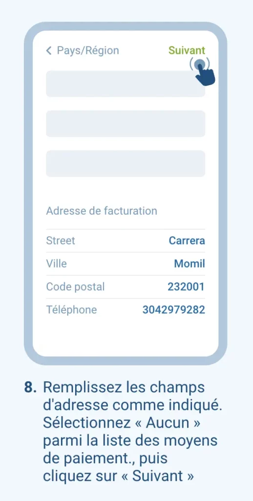 Formulaire d'adresse de facturation Apple ID rempli avec les coordonnées de la Tunisie.