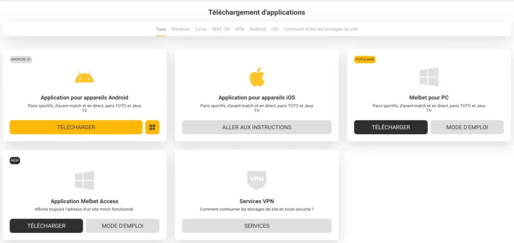 Interface de l'application mobile MelBet site officiel en français affichant les sections casino et paris sportifs.