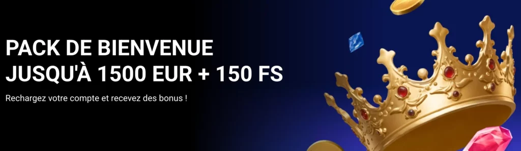 Capture d'écran du bonus de bienvenue de 1xBet Casino et des 150 tours gratuits pour les nouveaux joueurs.
