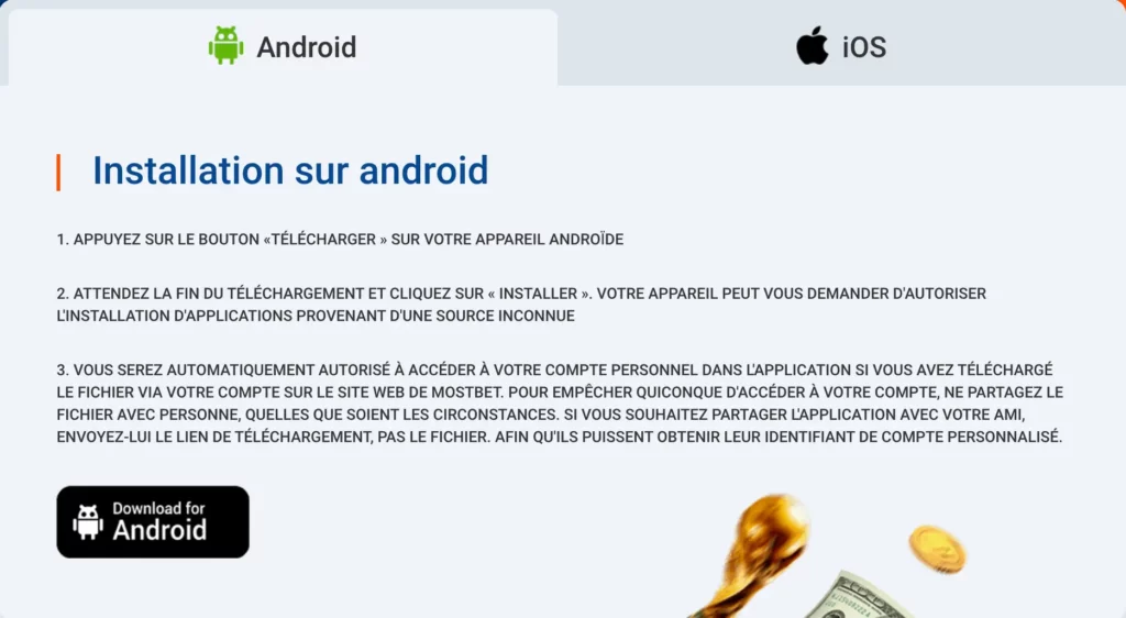 Capture d'écran du processus de téléchargement de l'application MostBet Casino sur un appareil Android en Tunisie.