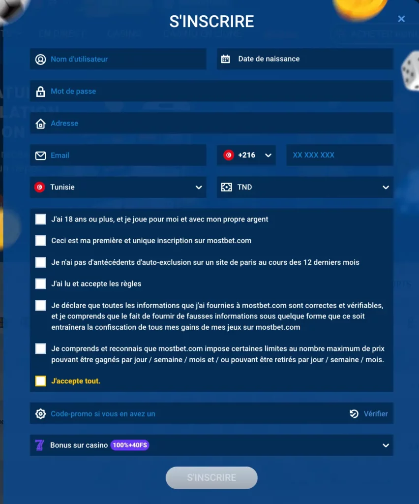 Capture d'écran du formulaire d'inscription de MostBet
