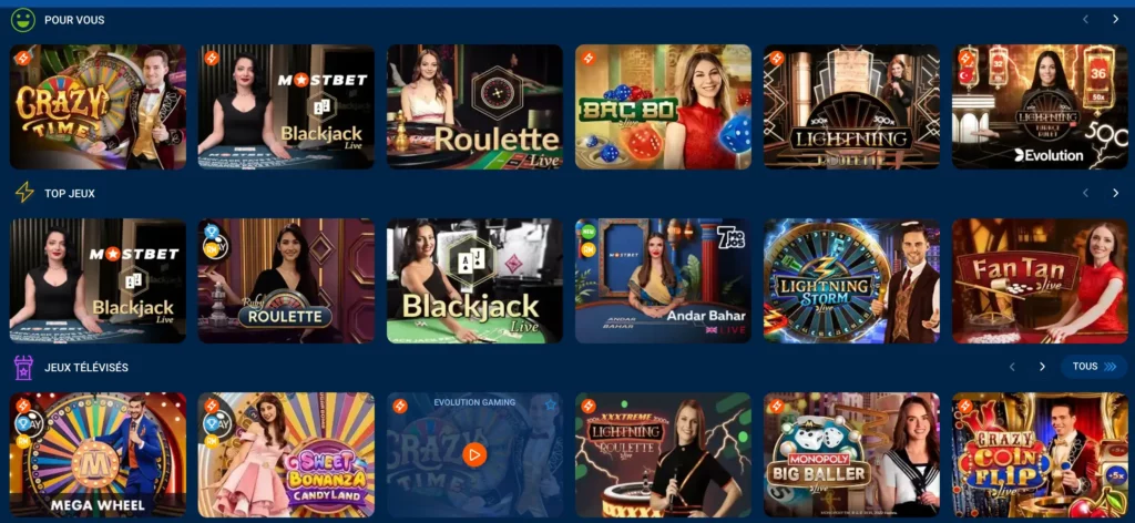 Image des jeux de casino en direct les plus populaires au MostBet Casino, avec le Blackjack, la Roulette, et des jeux avec des croupiers professionnels.