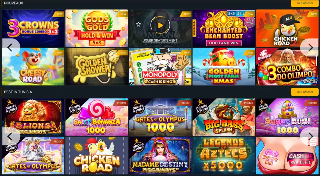 Hall des jeux du casino MelBet présentant des machines à sous, un casino en direct et des jeux crash.