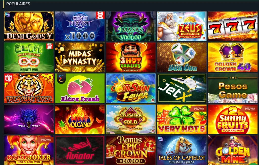 Capture d'écran du lobby des machines à sous de BetWinner Tunisie, proposant des jeux de machines à sous populaires avec des tours gratuits, des jackpots et des fonctions bonus.