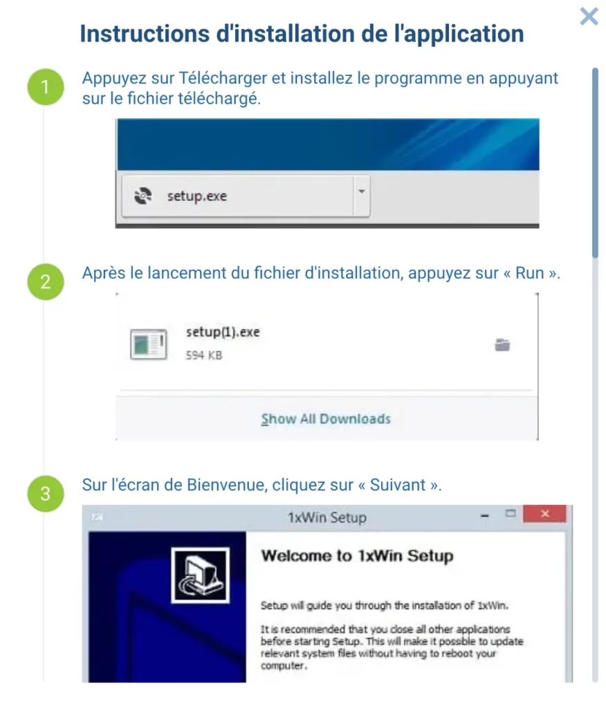 Interface du logiciel Windows du casino 1xBet affichée sur le bureau pour un accès complet aux paris.