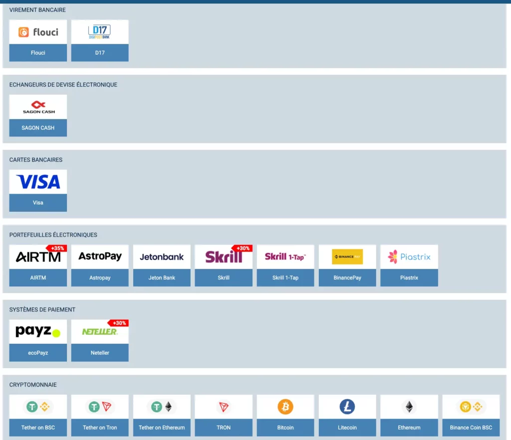 Capture d'écran des options de retrait de 1xBet Tunisie incluant D17, Flouci, Astropay et divers portefeuilles électroniques.