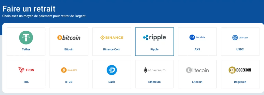 Capture d'écran des méthodes de retrait de MostBet Tunisie, incluant les crypto-monnaies.