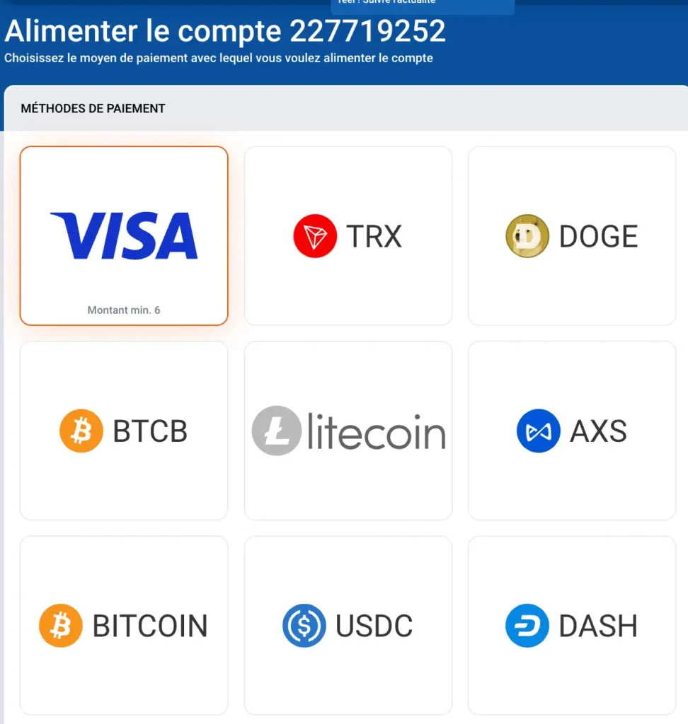 Capture d'écran des méthodes de dépôt de MostBet Tunisie, incluant VISA et les crypto-monnaies.