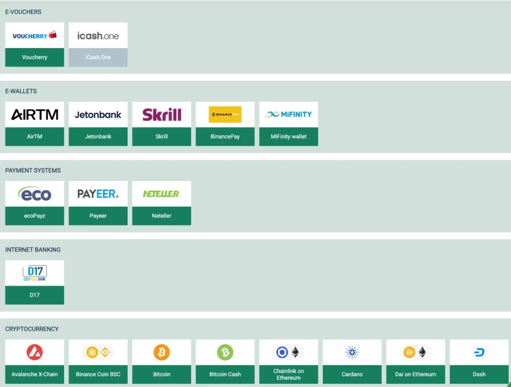 Capture d'écran des méthodes de retrait de BetWinner TN, présentant diverses options de devises fiat et cryptographiques disponibles pour les joueurs tunisiens.