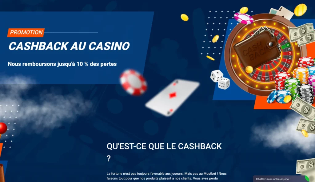 Capture d'écran des niveaux de bonus cashback et des exigences de mise de MostBet Casino.
