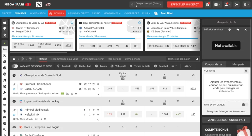 L'interface de paris sportifs MegaPari TN propose des cotes en direct, un suivi des matchs et des options d'encaissement.