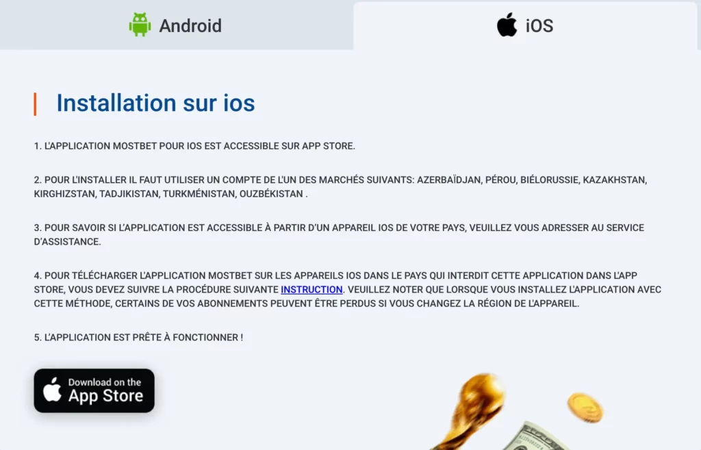 Capture d'écran des instructions de téléchargement de l'application MostBet Casino sur iPhone.