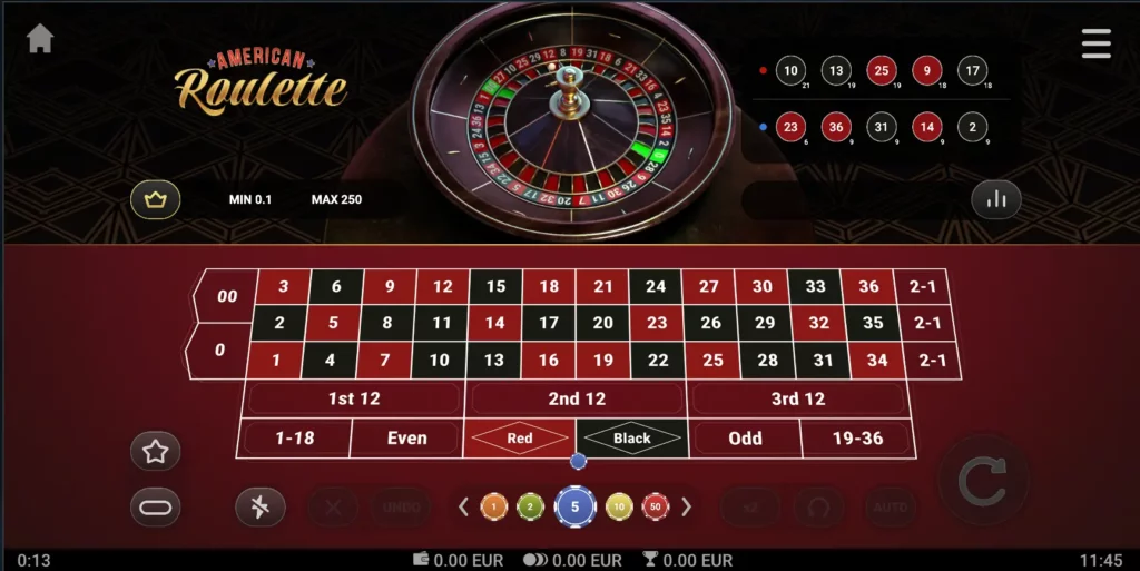 Jeu de roulette américaine de démonstration présentant la disposition du double zéro et les options de mise.
