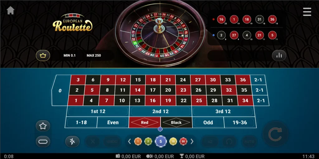Jeu de roulette européenne en mode démo avec une disposition à zéro unique et des options de mise classiques.