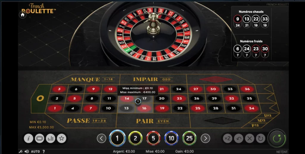 Jeu de démonstration de la Roulette française présentant les règles de La Partage et d'En Prison en action.