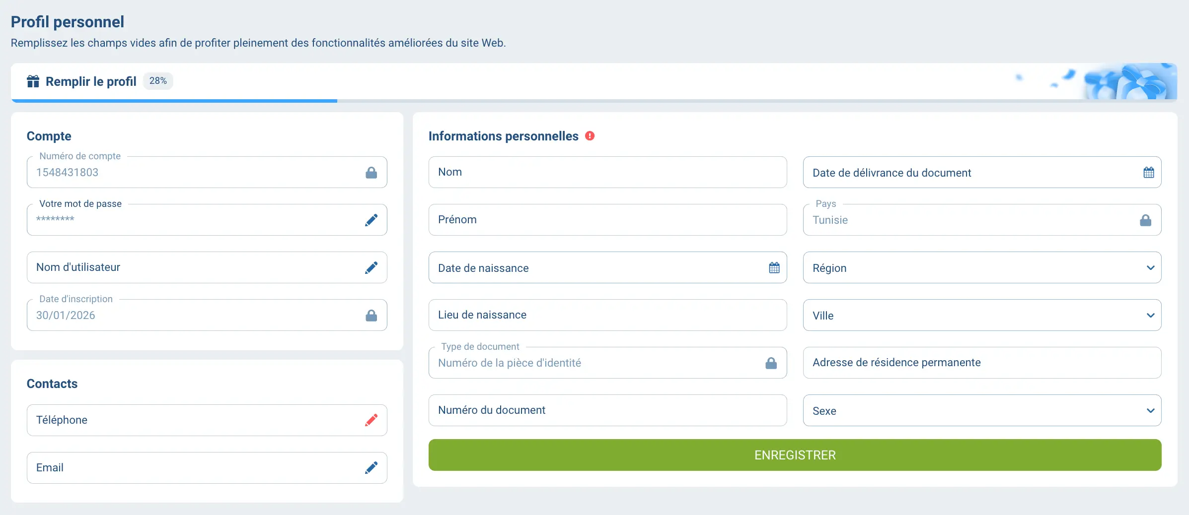 Capture d'écran de la section de vérification des informations personnelles KYC du casino 1xBet pour les joueurs tunisiens.