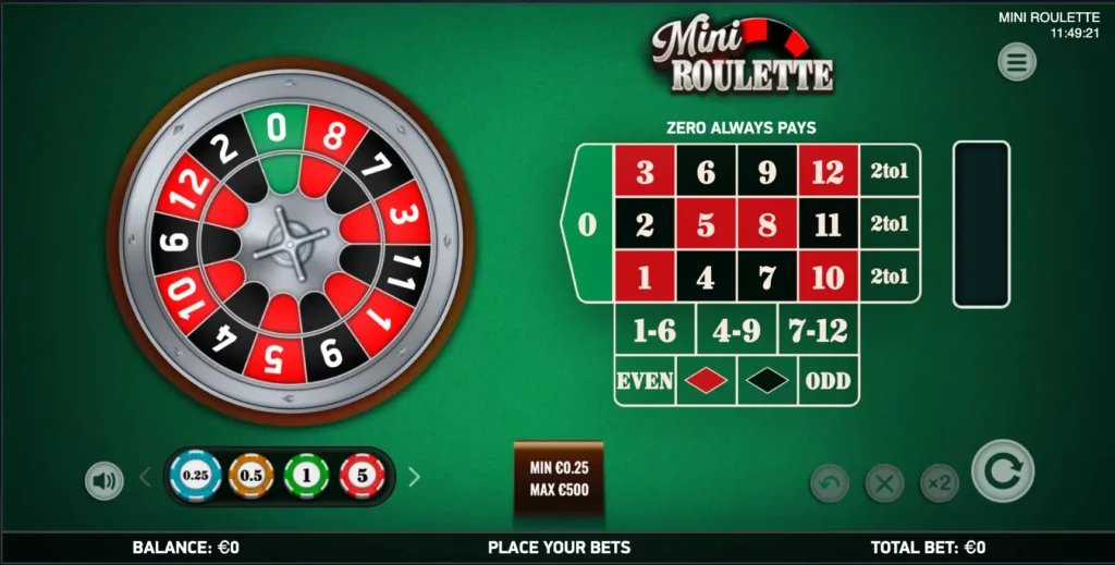 Jeu de démonstration Mini Roulette avec une roue à 13 cases et des options de mise uniques.