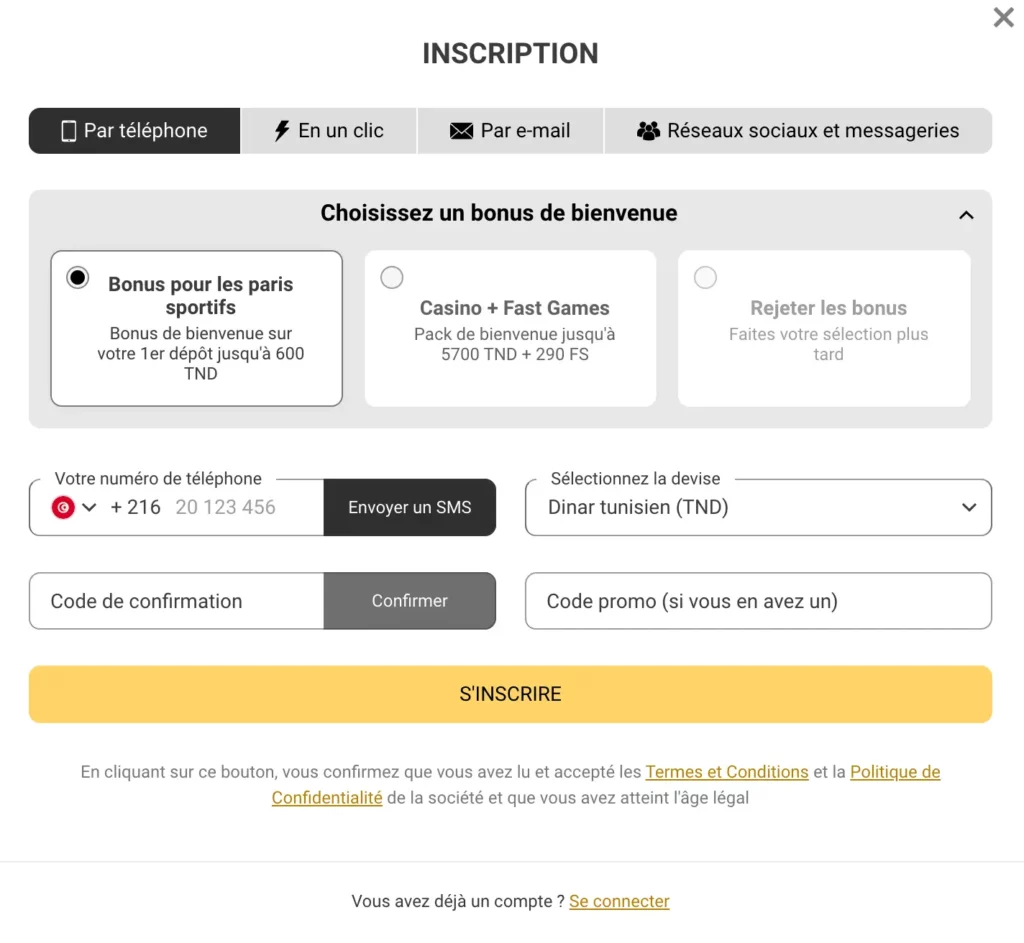 Formulaire d'inscription par téléphone MelBet pour la Tunisie