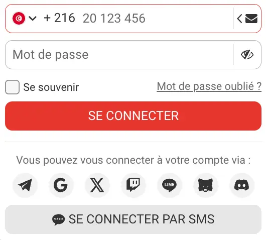 Capture d'écran du formulaire “Megapari connexion au site web” en Tunisie, affichant les options de connexion par e-mail, téléphone, SMS et réseaux sociaux.