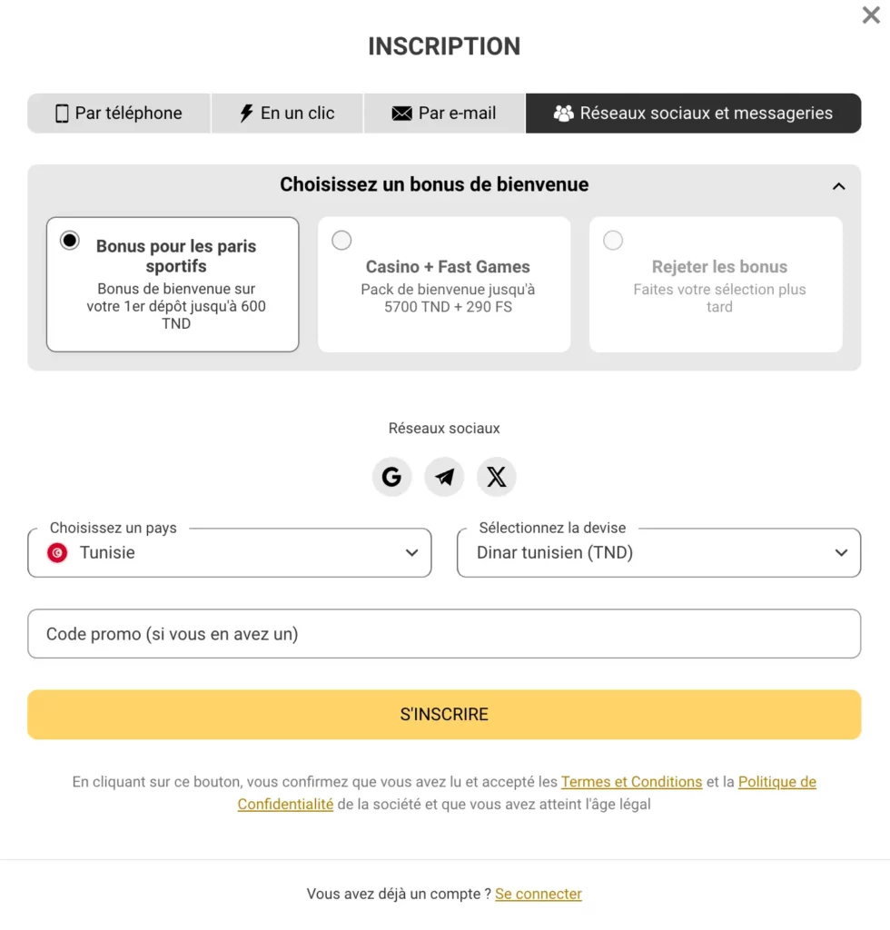 Inscription à MelBet Tunisie en utilisant les méthodes de connexion via les réseaux sociaux : Google, X et Telegram