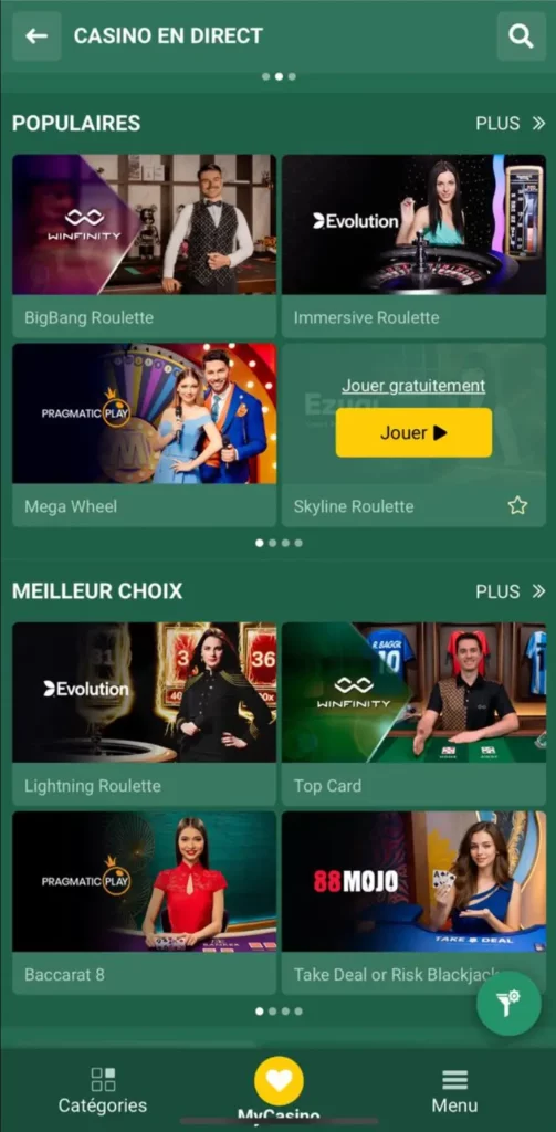 Le site de casino en Tunisie présente des jeux de casino en direct sur la version mobile du navigateur.