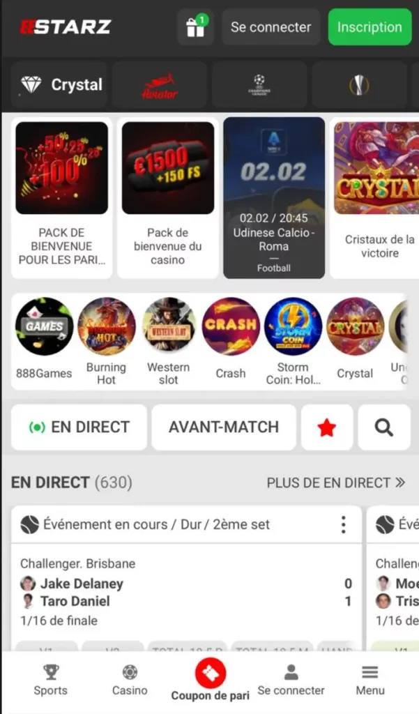 Interface de la version mobile de 888Starz affichée dans la langue locale sur le navigateur du smartphone.
