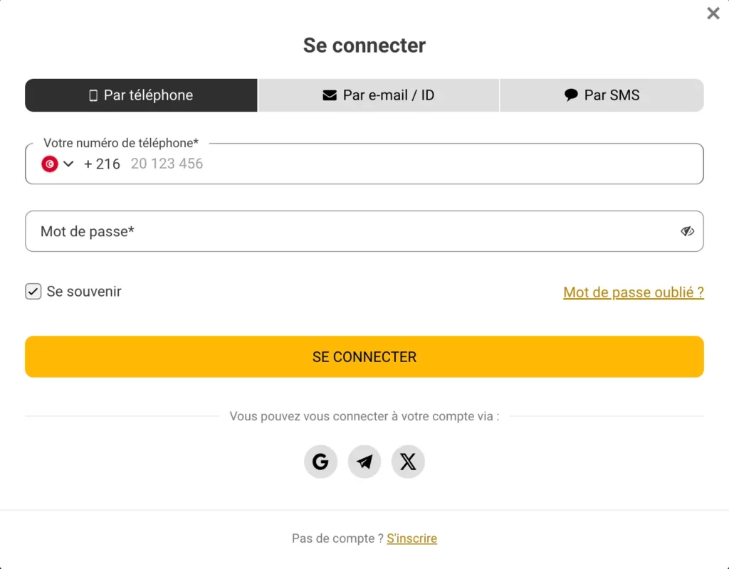 Écran de connexion au casino tunisien montrant plusieurs options de connexion sur mobile