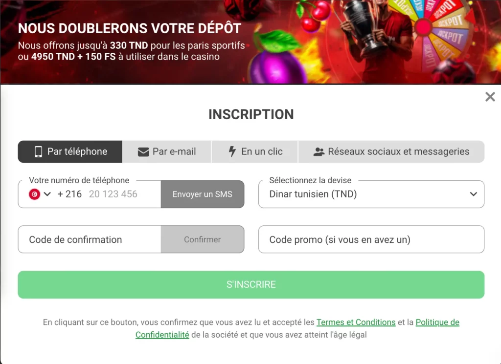 Page d'inscription du Casino Tunisie présentant quatre méthodes de création de compte