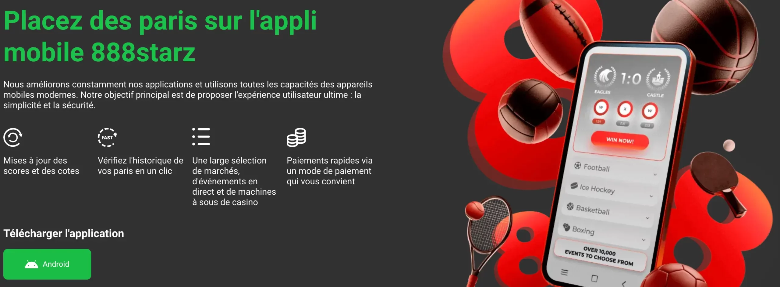 Options de téléchargement du fichier Android 888Starz Apk Tunisie affichées.