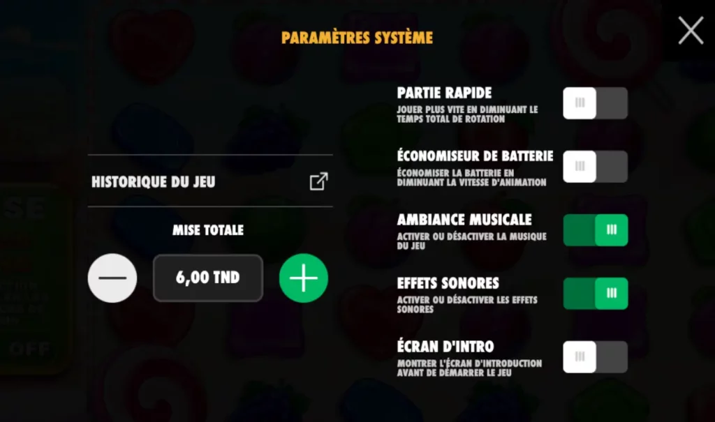 Menu des paramètres du système de la machine à sous Sweet Bonanza montrant les options de son et de rotation rapide.