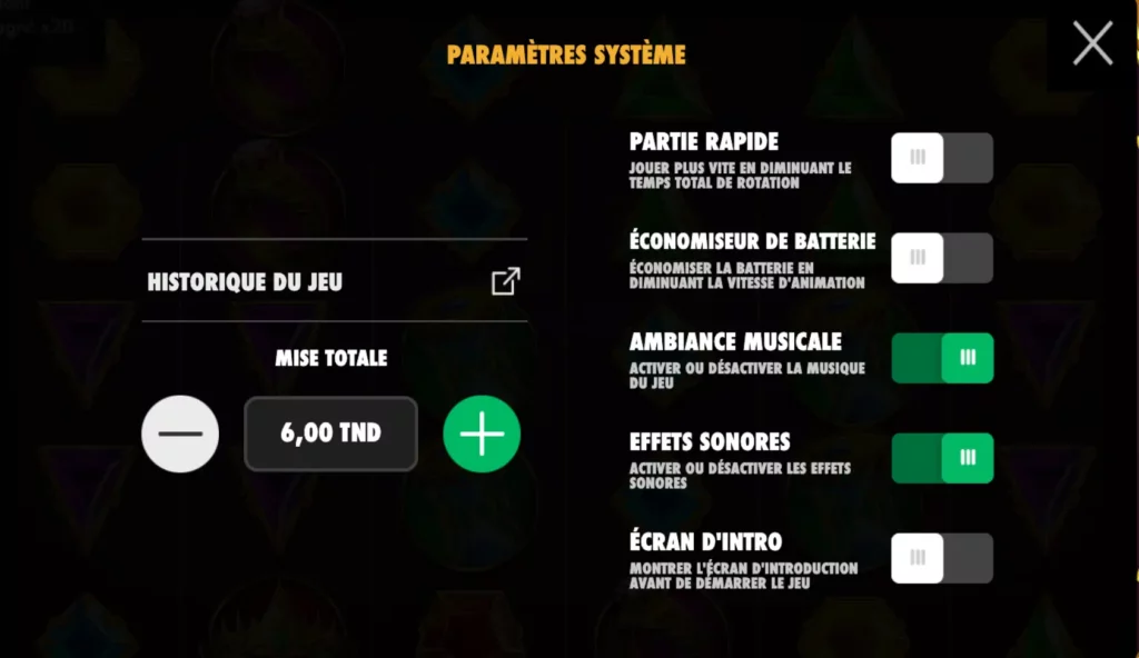 Menu des paramètres système de Gates of Olympus avec rotation rapide et options sonores pour les joueurs tunisiens.