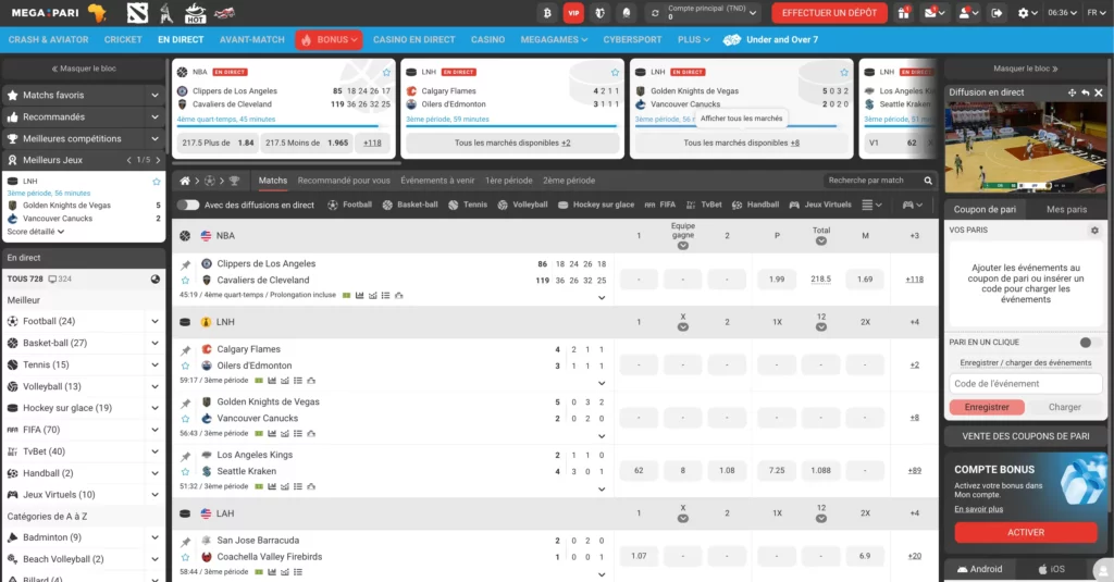 Capture d'écran de la section paris sportifs du casino Megapari App en Tunisie, affichant les marchés de football en direct et les cotes des paris.