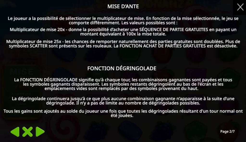 Mise ante de Sweet Bonanza, règles d'achat de bonus et fonction Tumble.