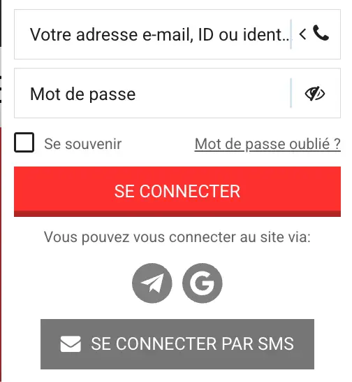 Capture d'écran du formulaire de connexion à Paripulse Tunisie affichant les options de connexion par téléphone, e-mail, SMS et réseaux sociaux sur la page Paripulse casino login.