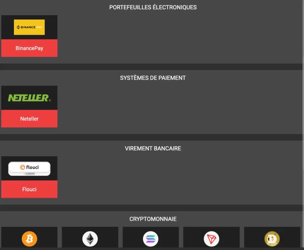 Capture d'écran des méthodes de paiement proposées par Paripulse Tunisie, notamment Flouci, Binance Pay, Neteller et les options populaires de dépôt et de retrait en cryptomonnaie.