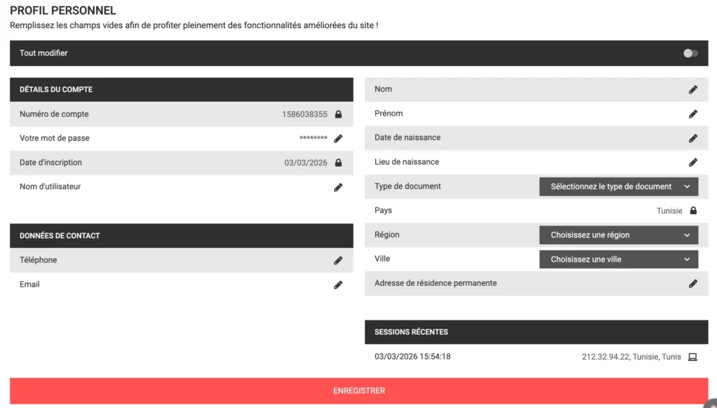 Capture d'écran de la page de vérification KYC de Paripulse Tunisie affichant les champs d'informations personnelles et les options de téléchargement de documents.